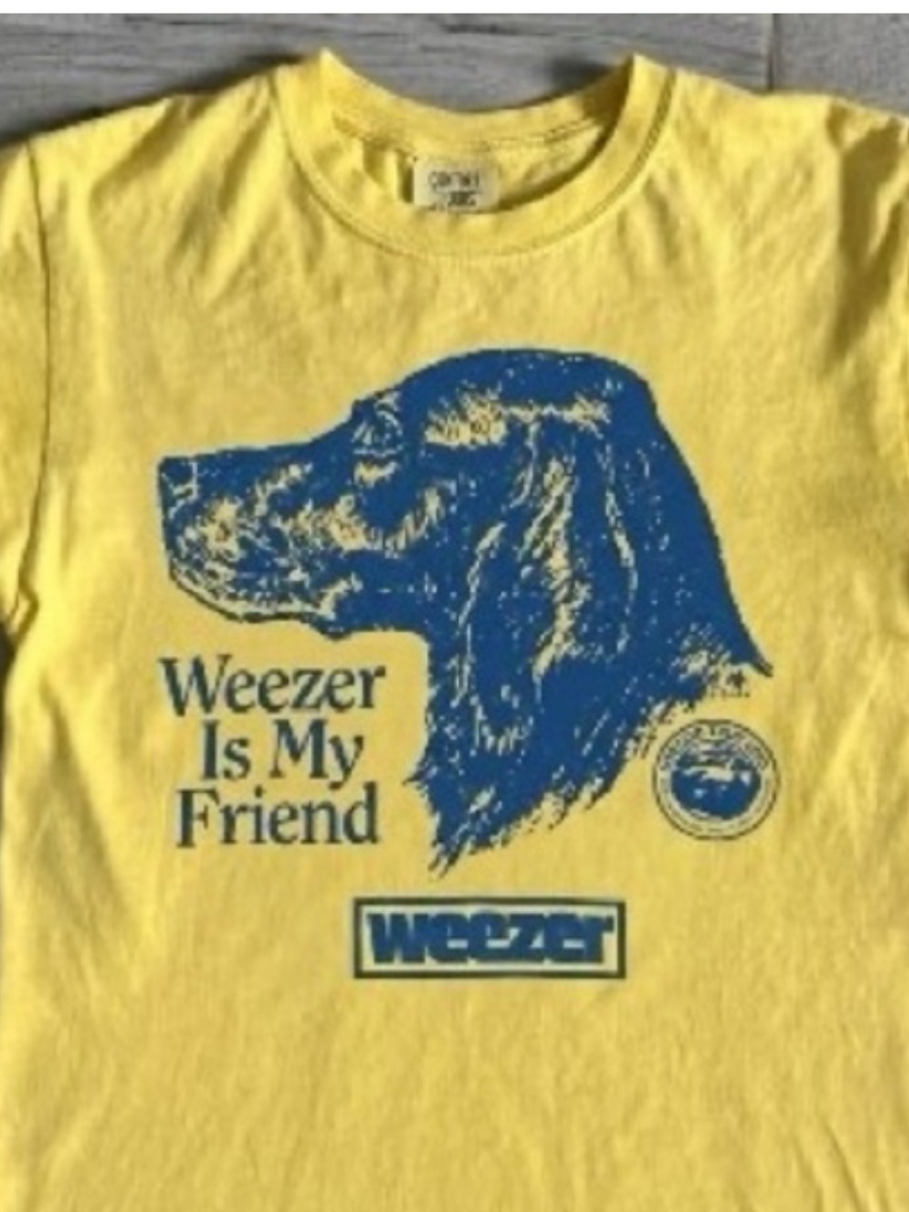 Gildan Yellow Tee with Blue Dog Graphic